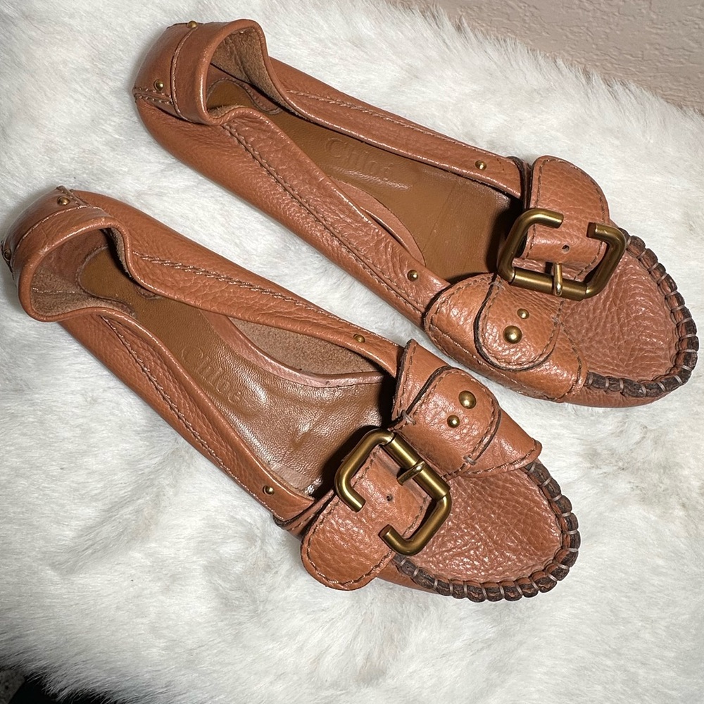 Chloe Brown Leather Buckle Moccasin Flats